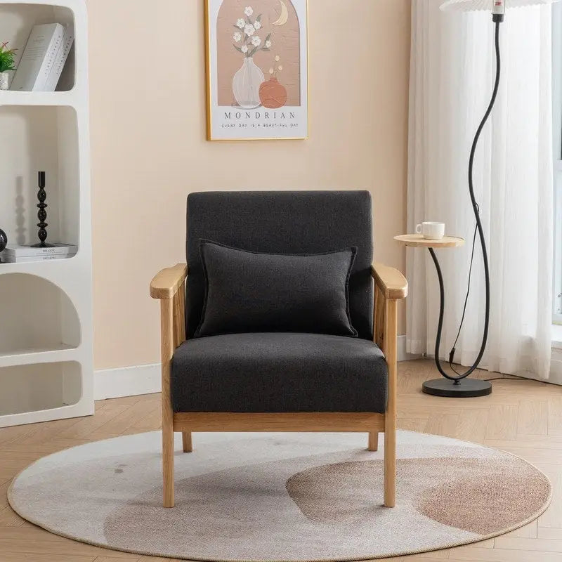Sillón de Acento Bouclé Gris / Beige / Naranja con Almohada, Asiento Individual, Patas de Madera Maciza