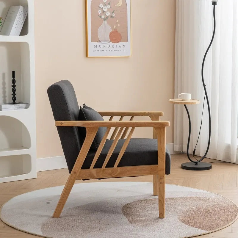 Sillón de Acento Bouclé Gris / Beige / Naranja con Almohada, Asiento Individual, Patas de Madera Maciza