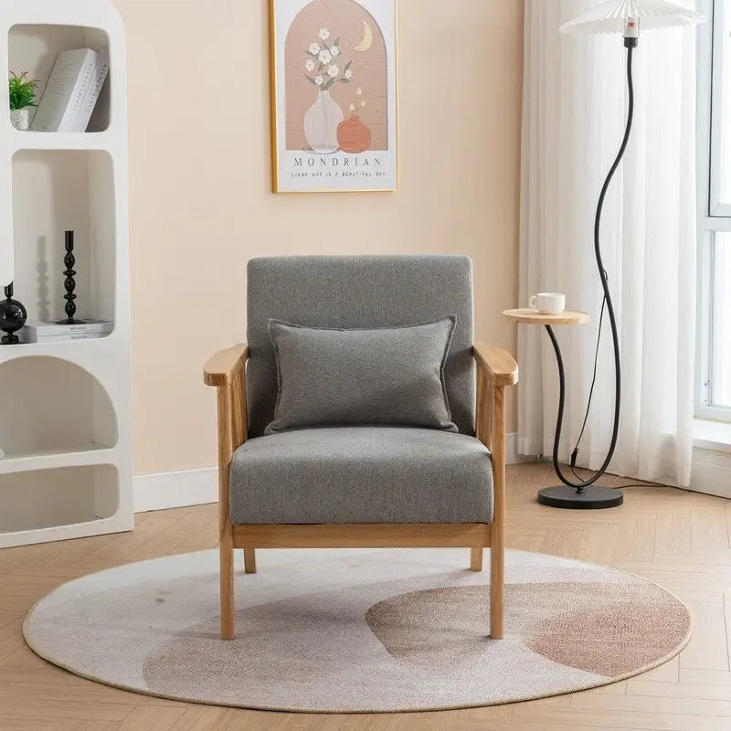 Sillón de Acento Bouclé Gris / Beige / Naranja con Almohada, Asiento Individual, Patas de Madera Maciza
