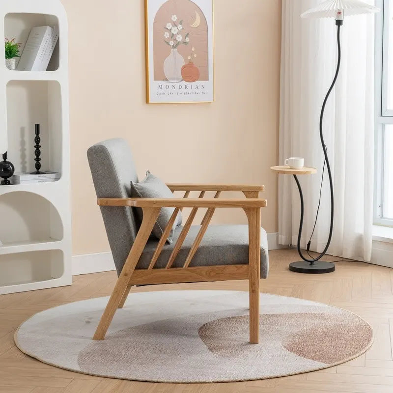 Sillón de Acento Bouclé Gris / Beige / Naranja con Almohada, Asiento Individual, Patas de Madera Maciza