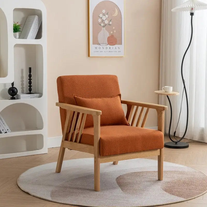 Sillón de Acento Bouclé Gris / Beige / Naranja con Almohada, Asiento Individual, Patas de Madera Maciza