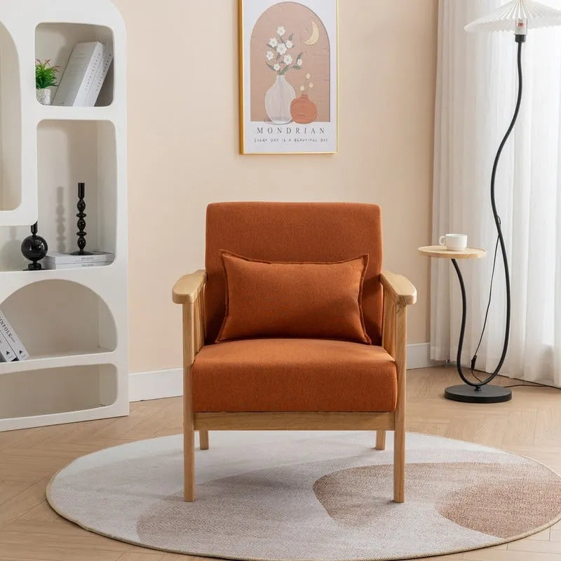 Sillón de Acento Bouclé Gris / Beige / Naranja con Almohada, Asiento Individual, Patas de Madera Maciza