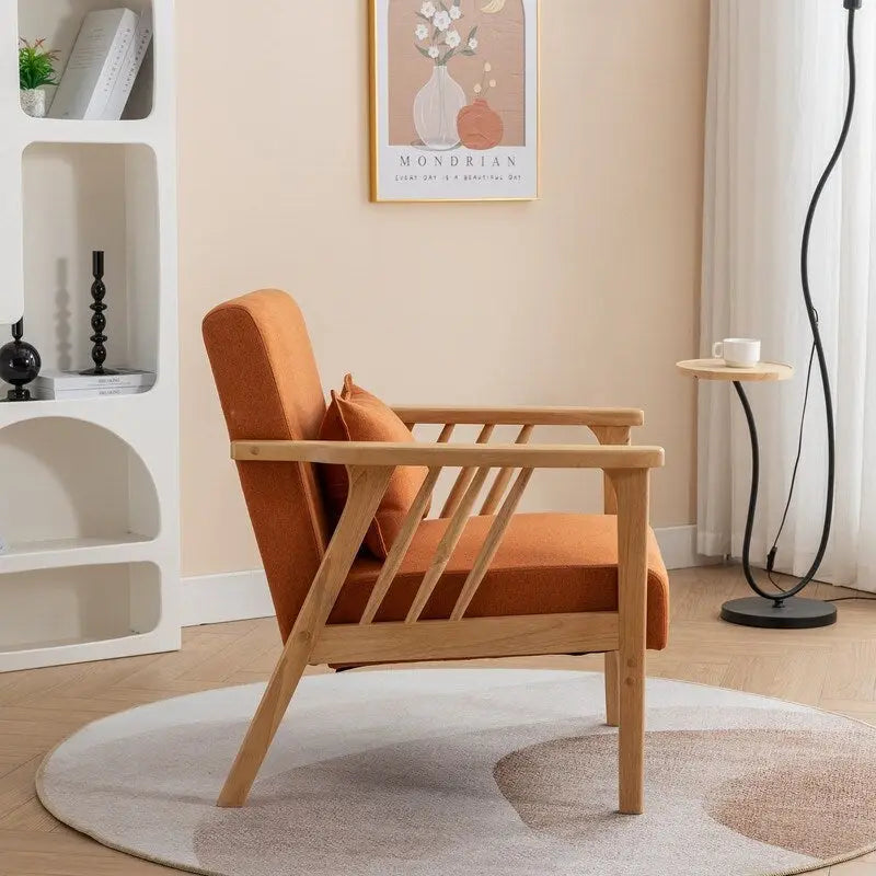 Sillón de Acento Bouclé Gris / Beige / Naranja con Almohada, Asiento Individual, Patas de Madera Maciza