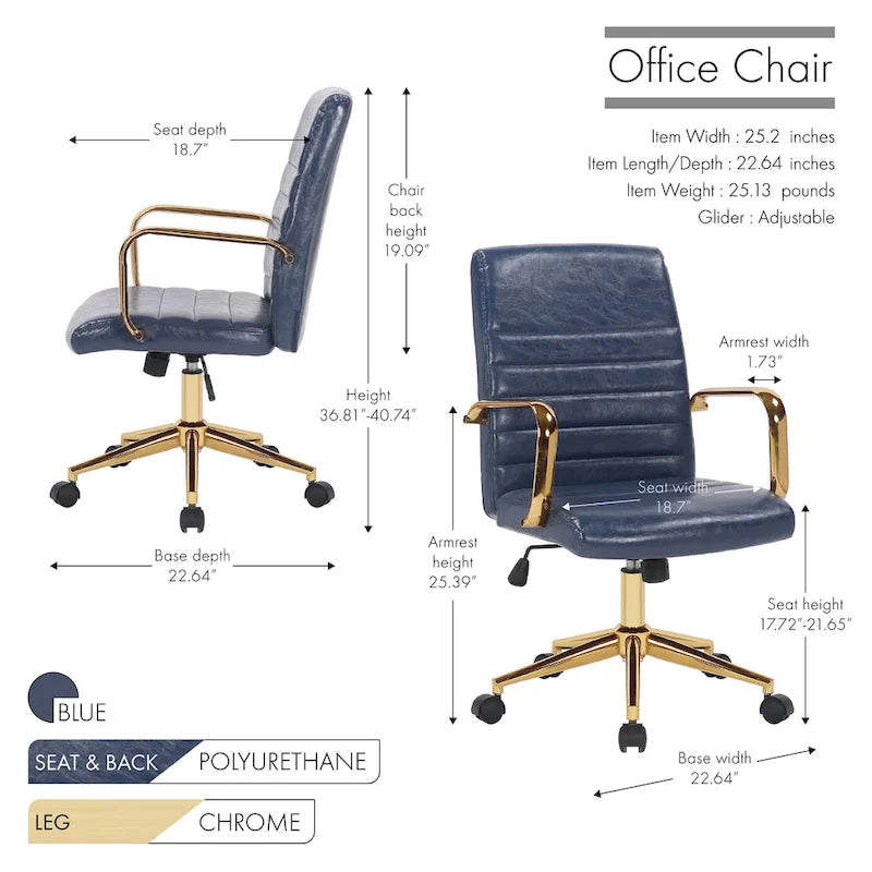Silla giratoria de piel sintética (PU) en azul/negro/blanco/marrón/rosa, respaldo medio, respaldo de 16" o 19", asiento individual