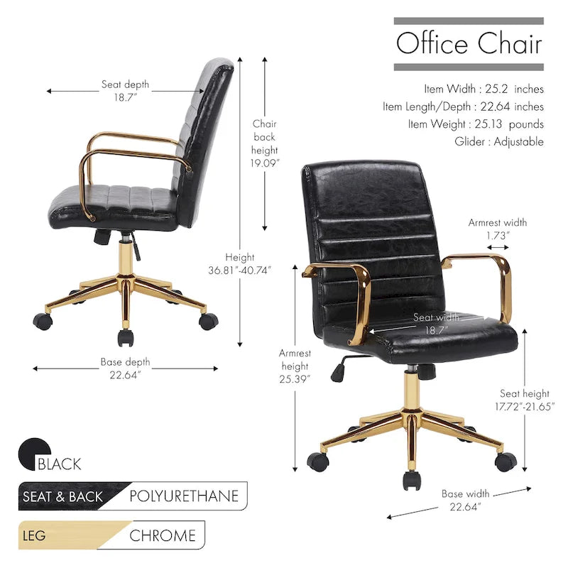 Silla giratoria de piel sintética (PU) en azul/negro/blanco/marrón/rosa, respaldo medio, respaldo de 16" o 19", asiento individual