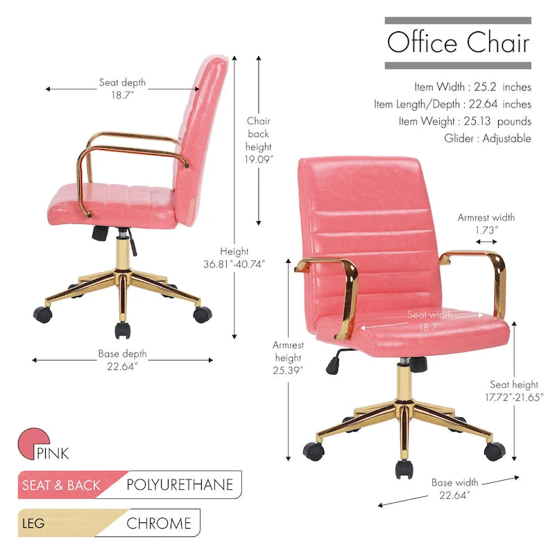 Silla giratoria de piel sintética (PU) en azul/negro/blanco/marrón/rosa, respaldo medio, respaldo de 16" o 19", asiento individual