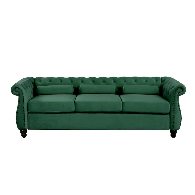 Sofá tapizado con botones Mid-Century Modern verde - 3 plazas