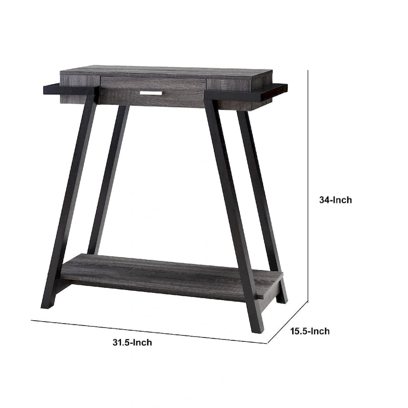 Mesa consola de 1 cajón con estante abierto, negra y gris