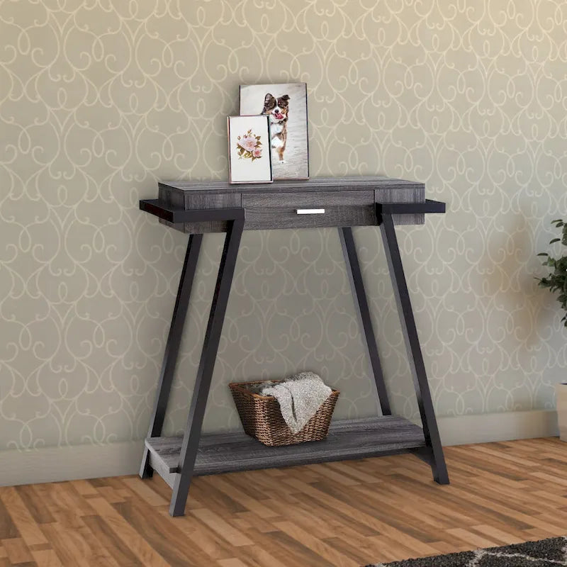 Mesa consola de 1 cajón con estante abierto, negra y gris