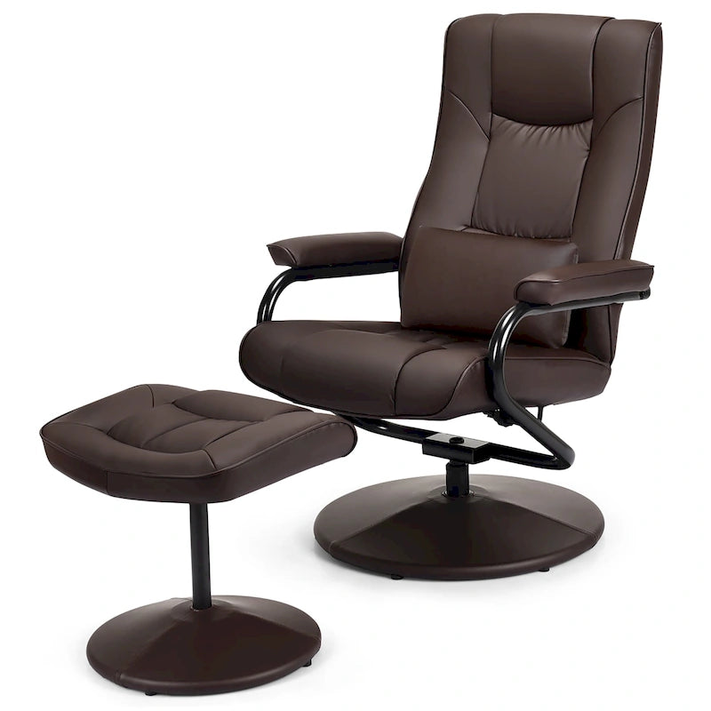 Sillón reclinable giratorio de cuero sintético marrón/negro con otomana – 1 persona