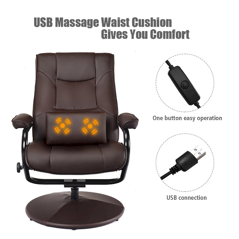 Sillón reclinable giratorio de cuero sintético marrón/negro con otomana – 1 persona