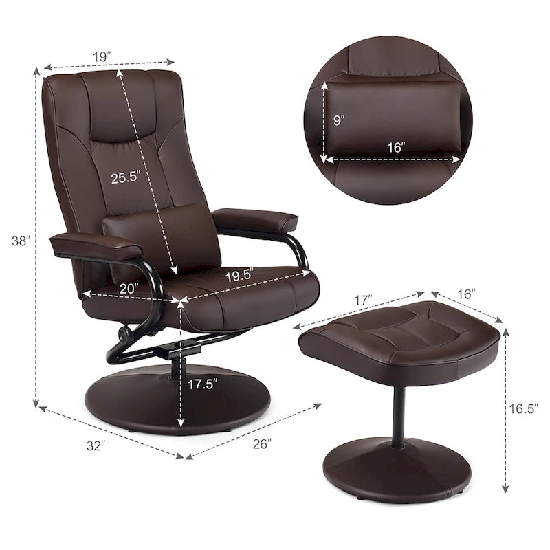 Sillón reclinable giratorio de cuero sintético marrón/negro con otomana – 1 persona