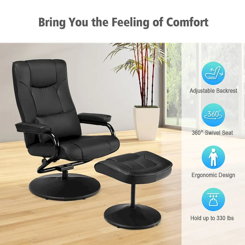 Sillón reclinable giratorio de cuero sintético marrón/negro con otomana – 1 persona