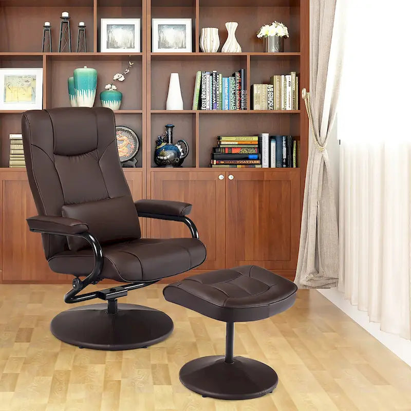 Sillón reclinable giratorio de cuero sintético marrón/negro con otomana – 1 persona