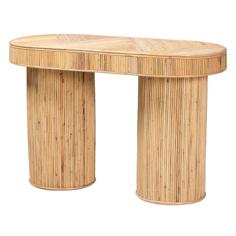 Mesa consola ovalada bohemia de mimbre color miel claro