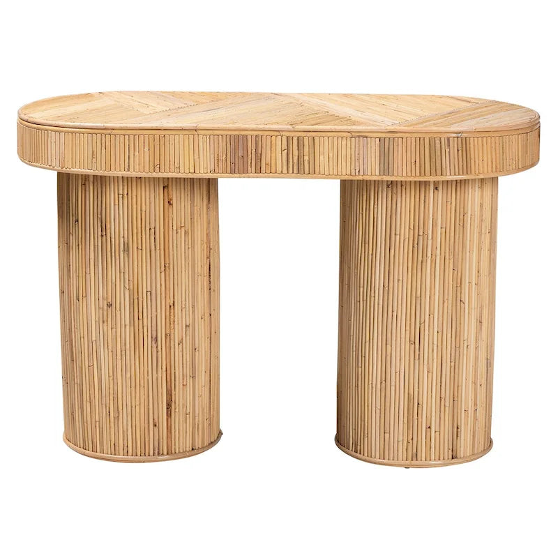Mesa consola ovalada bohemia de mimbre color miel claro