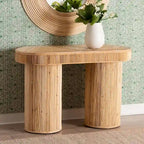 Mesa consola ovalada bohemia de mimbre color miel claro