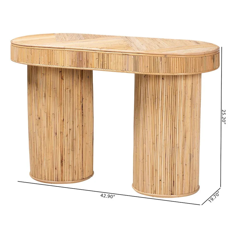Mesa consola ovalada bohemia de mimbre color miel claro