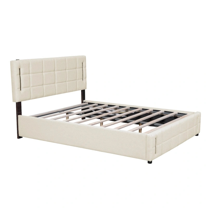 Cama de plataforma tapizada gris/beige con luces LED y almacenamiento - Queen, 2 personas