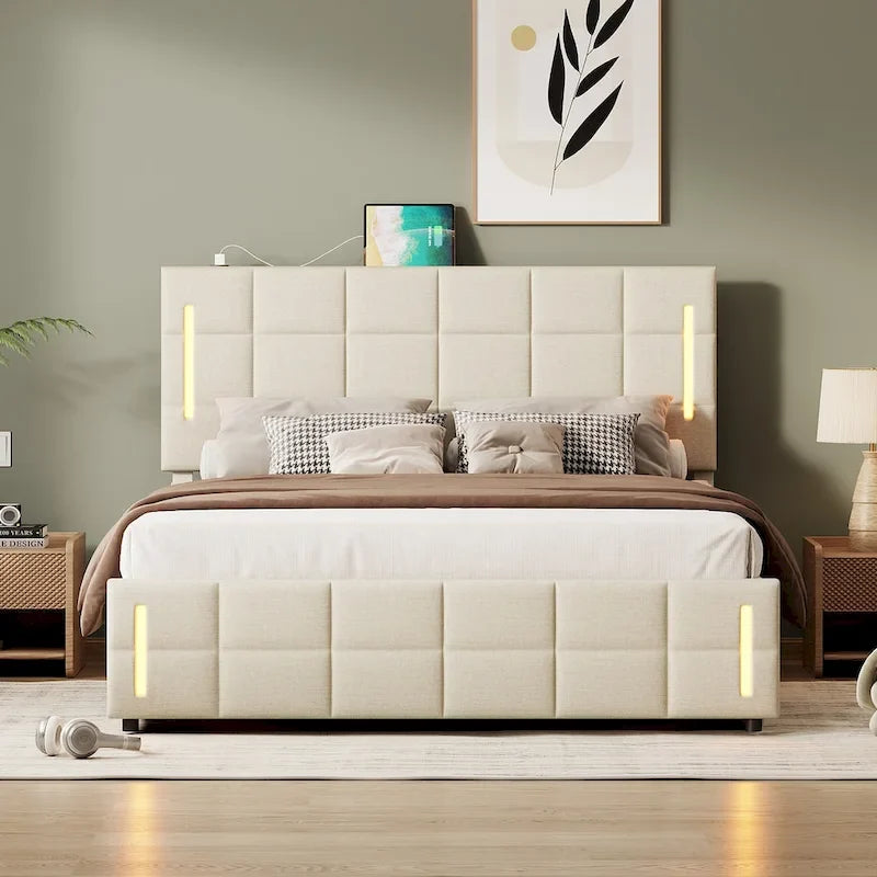 Cama de plataforma tapizada gris/beige con luces LED y almacenamiento - Queen, 2 personas