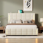 Cama de plataforma tapizada gris/beige con luces LED y almacenamiento - Queen, 2 personas