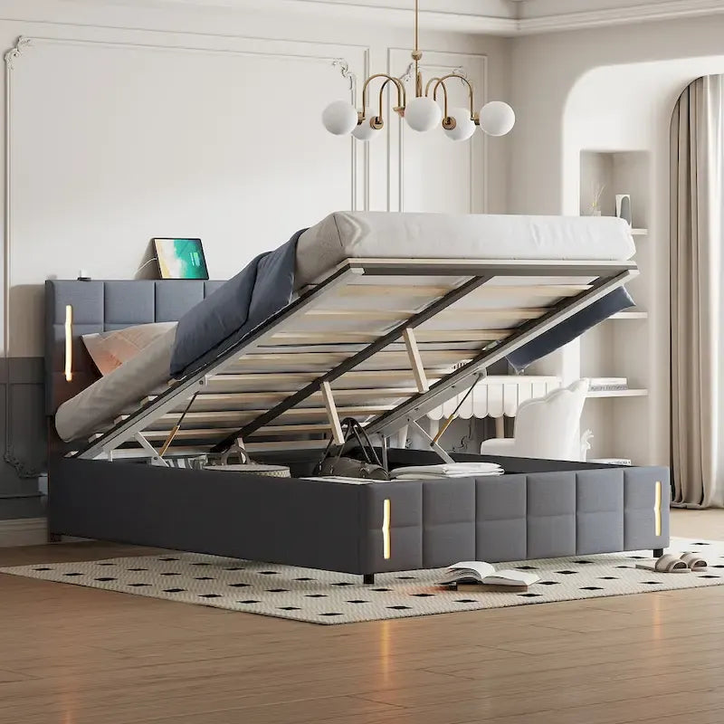 Cama de plataforma tapizada gris/beige con luces LED y almacenamiento - Queen, 2 personas