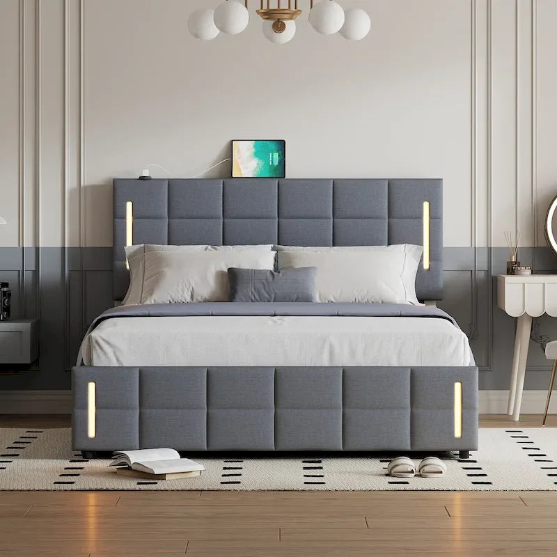 Cama de plataforma tapizada gris/beige con luces LED y almacenamiento - Queen, 2 personas