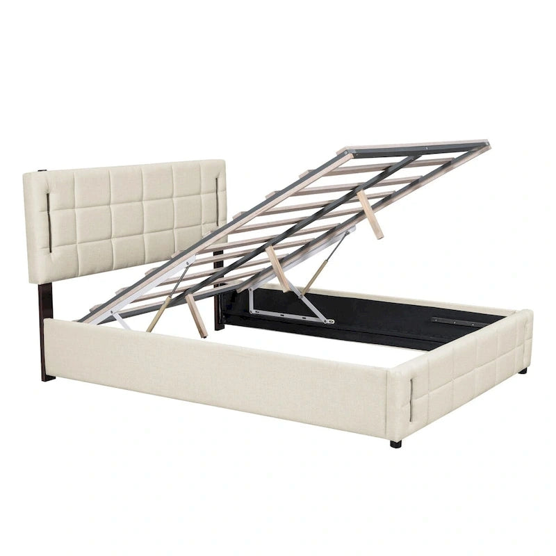 Cama de plataforma tapizada gris/beige con luces LED y almacenamiento - Queen, 2 personas