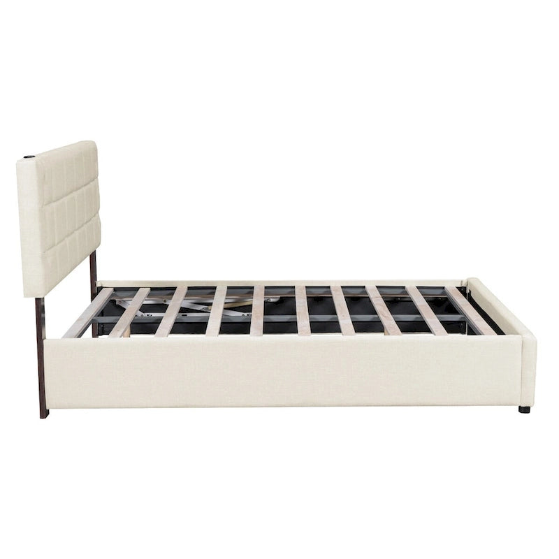 Cama de plataforma tapizada gris/beige con luces LED y almacenamiento - Queen, 2 personas