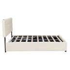 Cama de plataforma tapizada gris/beige con luces LED y almacenamiento - Queen, 2 personas