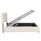 Cama de plataforma tapizada gris/beige con luces LED y almacenamiento - Queen, 2 personas