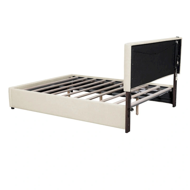 Cama de plataforma tapizada gris/beige con luces LED y almacenamiento - Queen, 2 personas