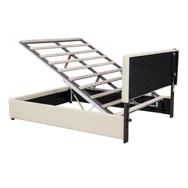 Cama de plataforma tapizada gris/beige con luces LED y almacenamiento - Queen, 2 personas