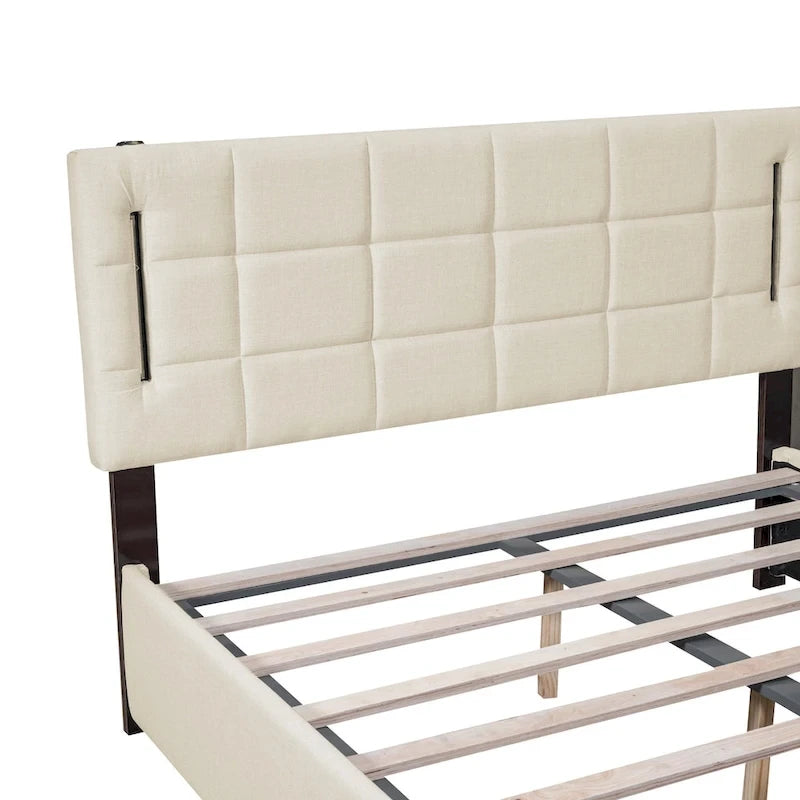 Cama de plataforma tapizada gris/beige con luces LED y almacenamiento - Queen, 2 personas