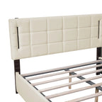 Cama de plataforma tapizada gris/beige con luces LED y almacenamiento - Queen, 2 personas