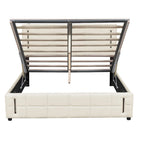 Cama de plataforma tapizada gris/beige con luces LED y almacenamiento - Queen, 2 personas