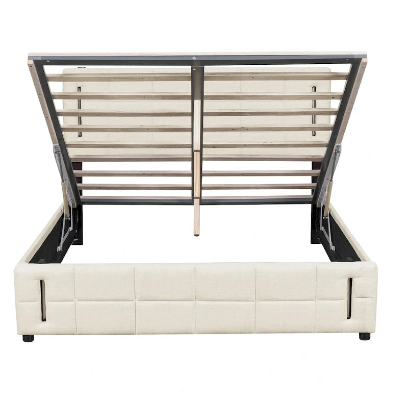 Cama de plataforma tapizada gris/beige con luces LED y almacenamiento - Queen, 2 personas