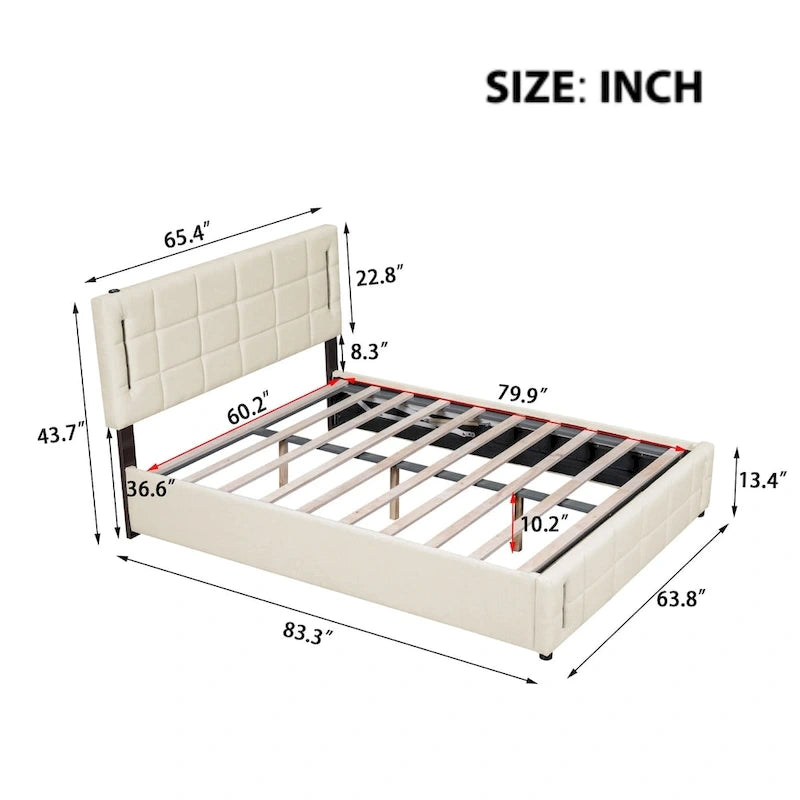 Cama de plataforma tapizada gris/beige con luces LED y almacenamiento - Queen, 2 personas