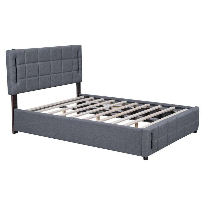 Cama de plataforma tapizada gris/beige con luces LED y almacenamiento - Queen, 2 personas