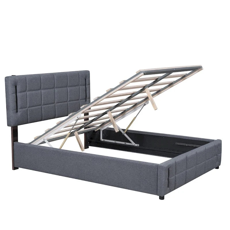 Cama de plataforma tapizada gris/beige con luces LED y almacenamiento - Queen, 2 personas