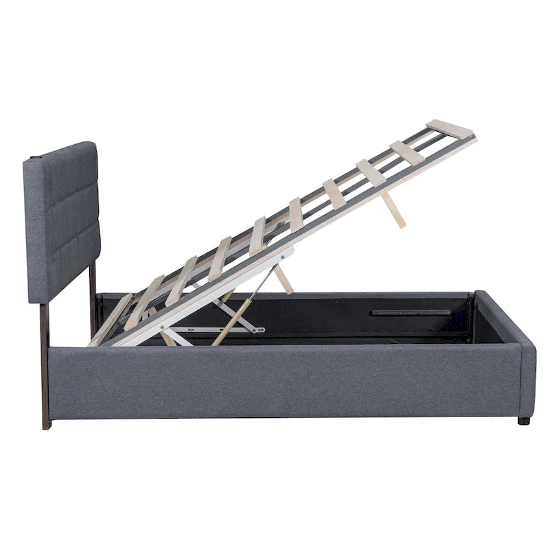 Cama de plataforma tapizada gris/beige con luces LED y almacenamiento - Queen, 2 personas