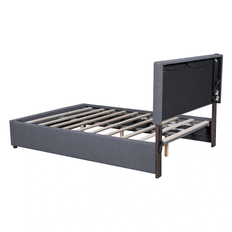 Cama de plataforma tapizada gris/beige con luces LED y almacenamiento - Queen, 2 personas