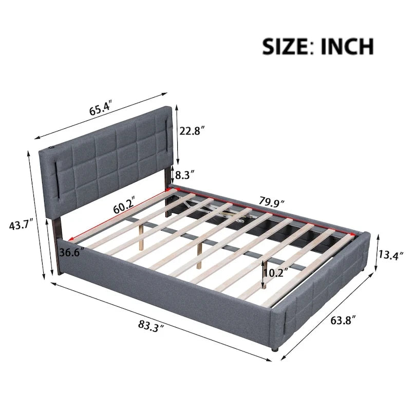 Cama de plataforma tapizada gris/beige con luces LED y almacenamiento - Queen, 2 personas
