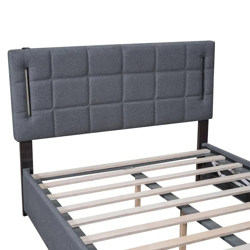 Cama de plataforma tapizada gris/beige con luces LED y almacenamiento - Queen, 2 personas