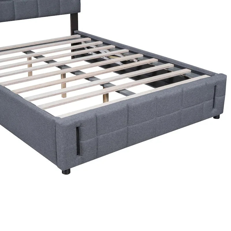 Cama de plataforma tapizada gris/beige con luces LED y almacenamiento - Queen, 2 personas