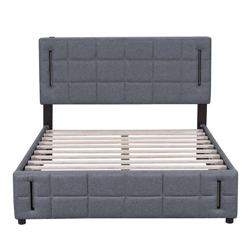 Cama de plataforma tapizada gris/beige con luces LED y almacenamiento - Queen, 2 personas