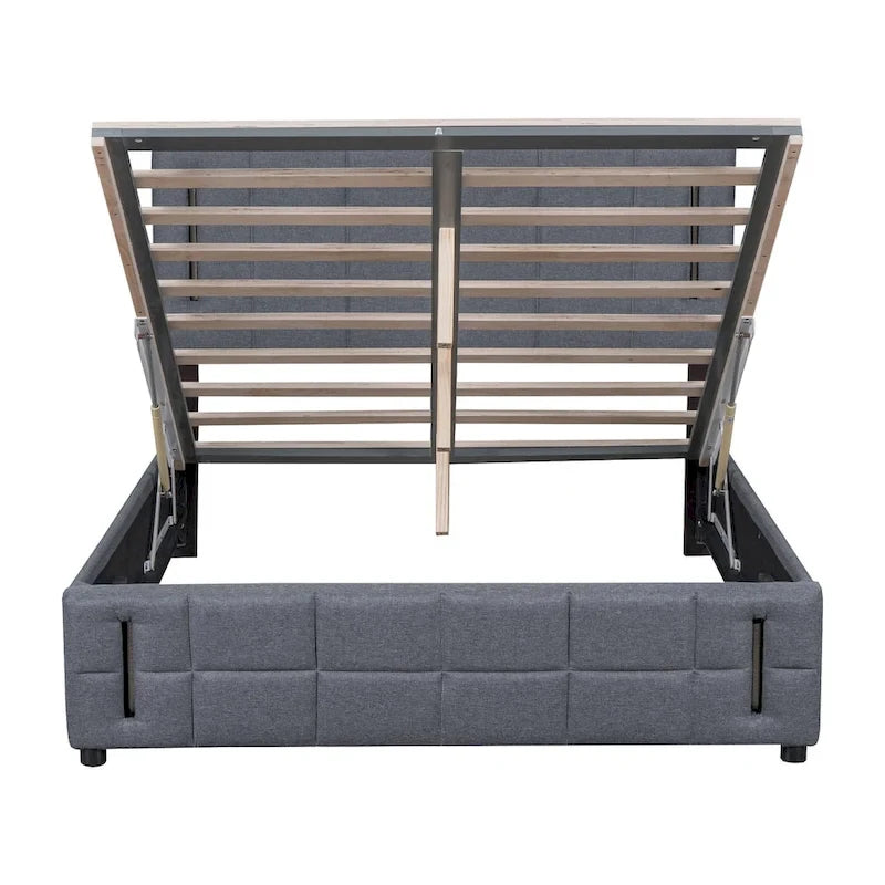 Cama de plataforma tapizada gris/beige con luces LED y almacenamiento - Queen, 2 personas