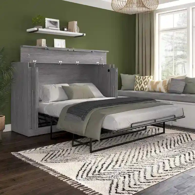 Cama de Gabinete Plegable Queen con Colchón – Blanco / Gris Corteza – Duerme 2 personas