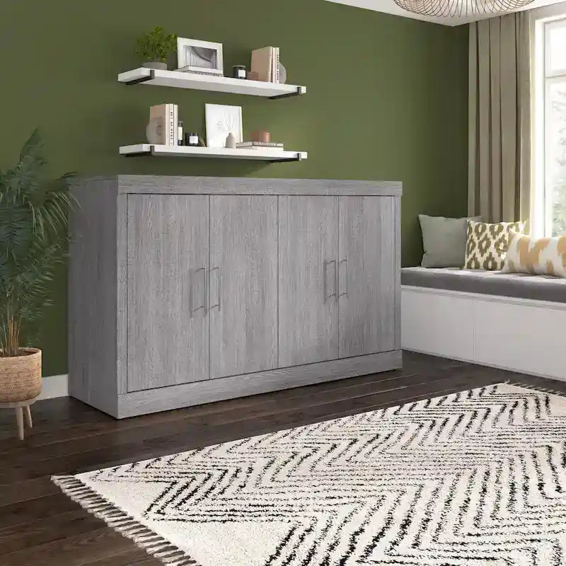 Cama de Gabinete Plegable Queen con Colchón – Blanco / Gris Corteza – Duerme 2 personas