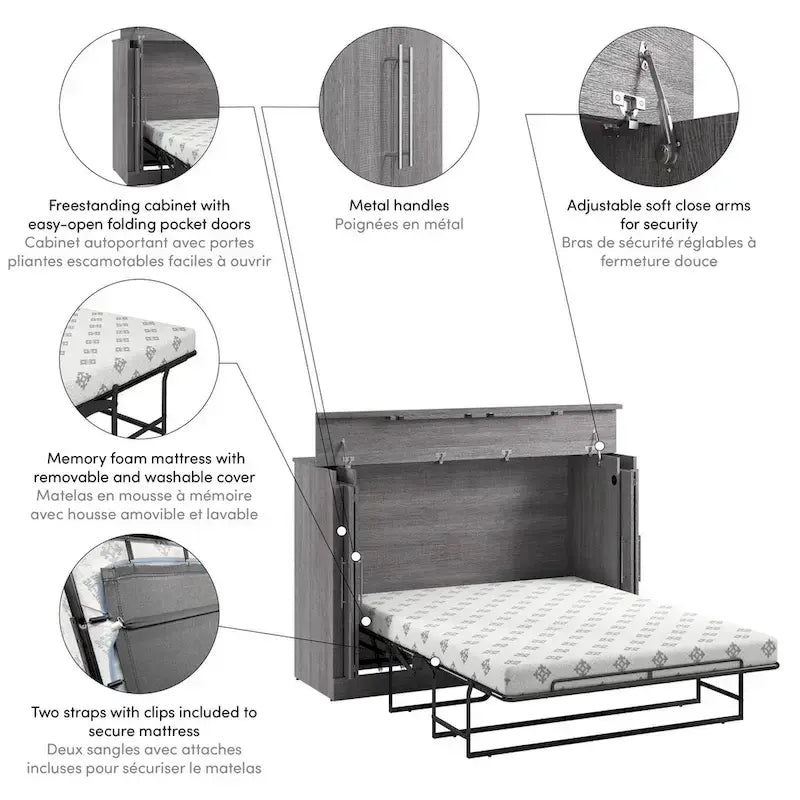 Cama de Gabinete Plegable Queen con Colchón – Blanco / Gris Corteza – Duerme 2 personas